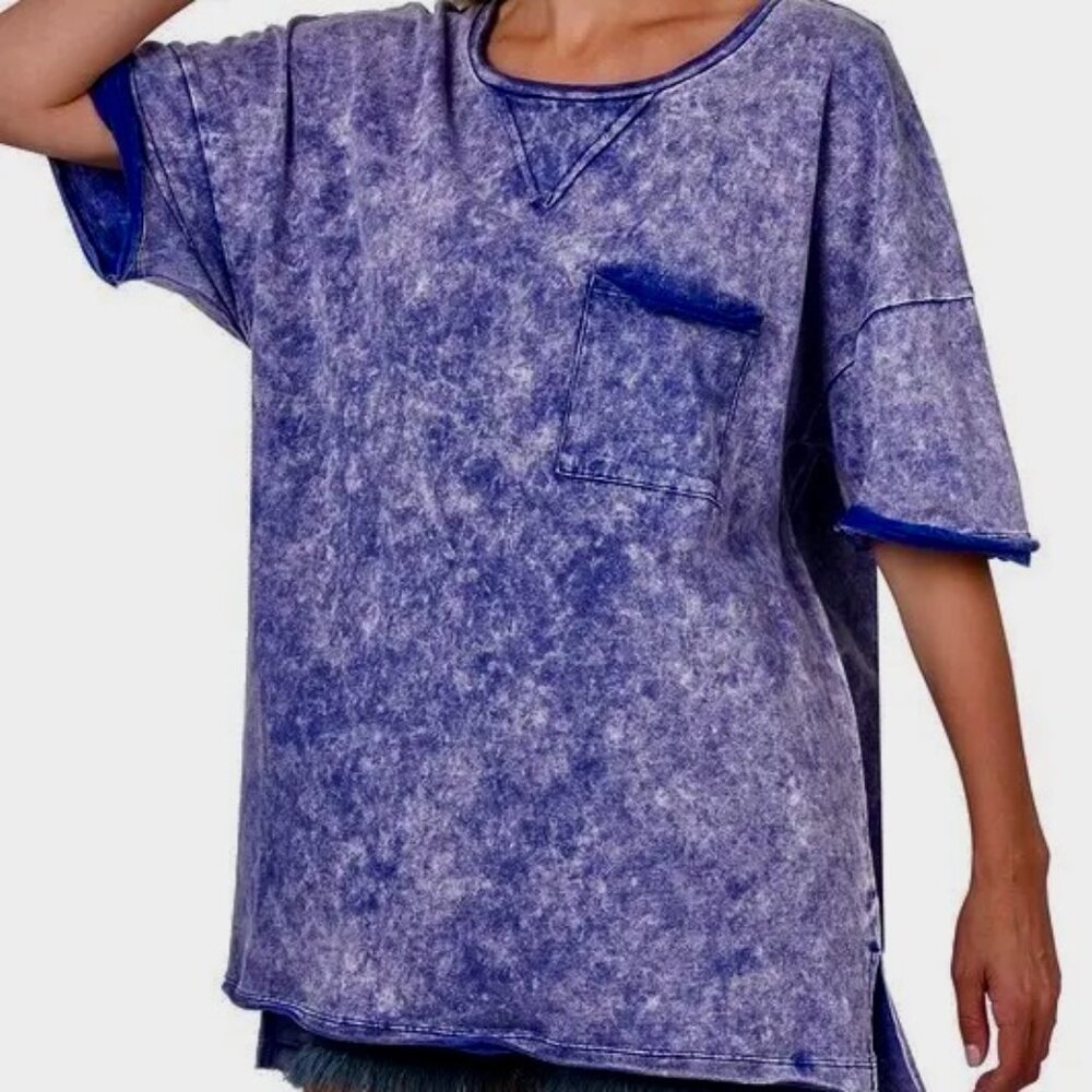 Zenana Acid Wash Front Pocket Raw Edge Boyfriend Tee 2X Plus Size